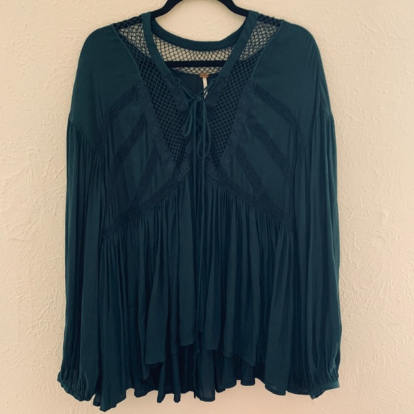 free people dark green lace up blouse size large - Picture 6 of 6